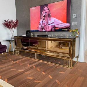 Modern Gold Çizgili Bronz Aynalı TV Ünitesi