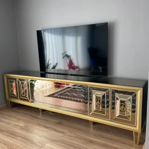 Gold Detaylı Şömineli Aynalı Lüks TV Ünitesi