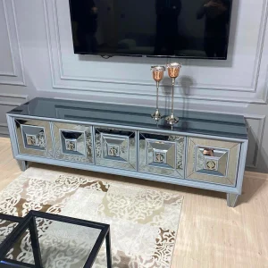 Mat Gri Çerçeveli 5 Kapaklı Bizoteli Aynalı TV Ünitesi