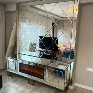 Gold Izgara Ayaklı Şömineli Aynalı TV Ünitesi