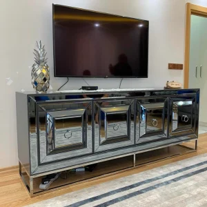Gümüş Çerçeveli Açık Raflı Aynalı Konsol TV Ünitesi