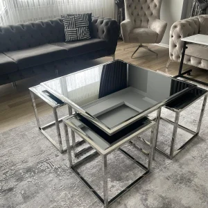 Gümüş Profilli 5 Parçalı Siyah Camlı Kare Orta Sehpa Takımı