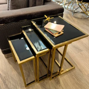 Lüks Gold Çerçeveli Siyah Camlı 3'lü Zigon Sehpa Takımı