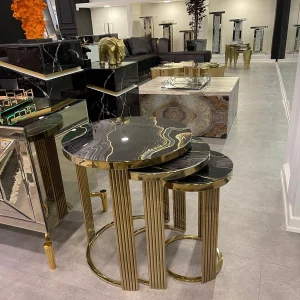 Kademeli Gold Ayaklı Siyah Mermer Desenli 3'lü Zigon Takımı